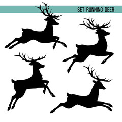 Set of vector images.  Silhouette of running deer. Outline on isolated white background