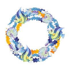 watercolor illustration of marine life, seaweed, seashells, fish, coral, shrimp, coral fish, beautiful collection for design