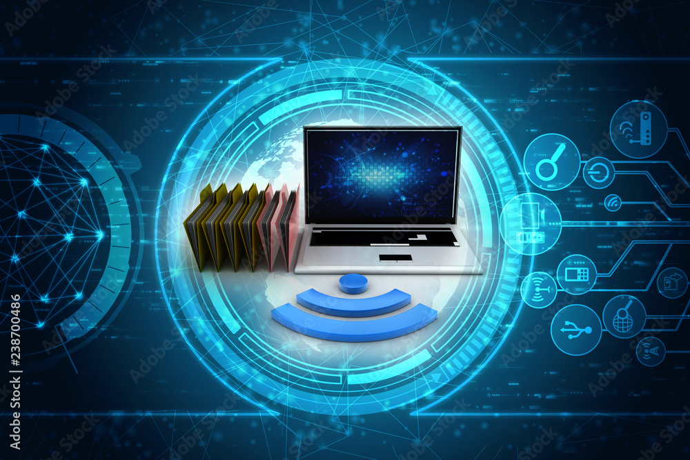 Fototapete 3d rendering folder connected to computer network with wifi