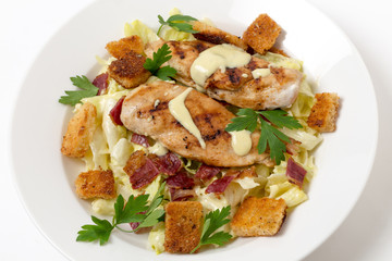 Chicken caesar salad high angle view
