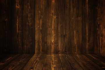 Grunge dark wood background wall and floor. wooden texture. surface, display backdrop, put product.