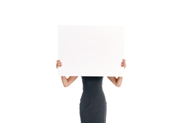 obscured view of woman holding blank banner isolated on white