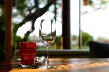 Wine glasses on table in restaurant