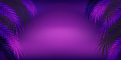 Fototapeta na wymiar Neon tropical summer palm leaves background with proton purple gradient