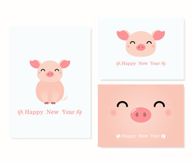 Set of 2019 Chinese New Year greeting cards with cute pigs with typography. Isolated objects on white background. Hand drawn vector illustration. Design concept for holiday banner, decorative element.