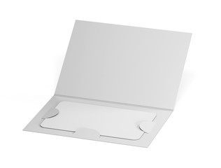 Blank white plastic card mockup inside paper booklet holder. 3d rendering. Folded brochure with certificate mock up. Bonus card envelope