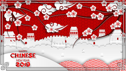 Great Wall of China, cherry blossoms, traditional oriental pattern. Design Chinese New Year banner, background, wallpaper, greeting card, invitation, poster. Vector illustration, paper cut out style.