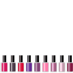 Obraz premium Vector illustration. Set of color nail polish isolated on white background. Seamless pattern of colorful gel. Vector. Design boarding for manicure salon, cabin, pedicure, sale, advertising, markting.