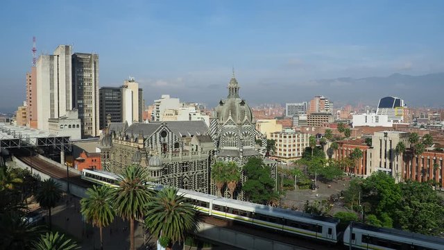 City Center Skyline with Metro Line and Rafael Uribe Uribe Palace of Culture, elevated view, Medellin, Antioquia Department, Colombia