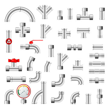 Pipe vector plumbing pipeline or piped tubing construction of metaal piping system illustration set of plastic tubes with valves isolated on white background