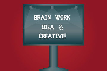 Writing note showing Brain Work Idea And Creative. Business photo showcasing Creativity brainstorm Innovative thinking Blank Lamp Lighted Color Signage Outdoor Ads photo Mounted on One Leg