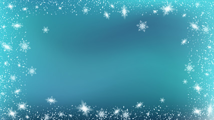 Fototapeta premium Flying snow background. Festive picture of the Christmas banner. Bbright, White, Shimmer, Glowing, Scatter, Falling on a Blue background.