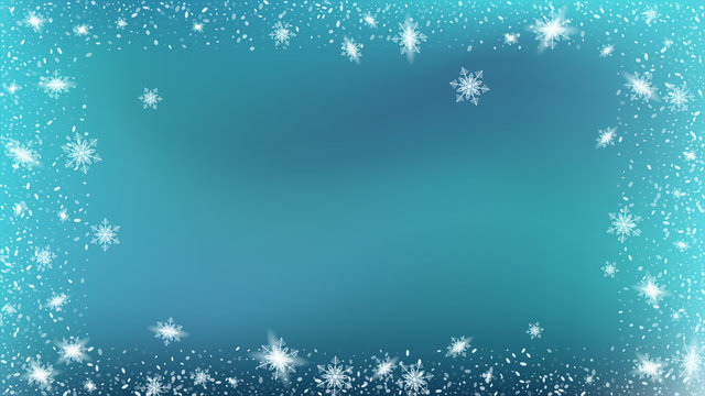 Flying snow background. Festive picture of the Christmas banner. Bbright, White, Shimmer, Glowing, Scatter, Falling on a Blue background.