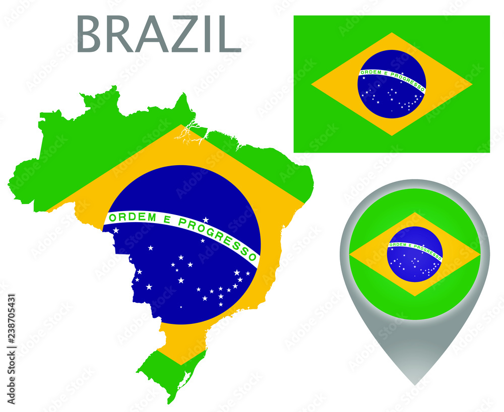 Wall mural Colorful flag, map pointer and map of the Brazil in the colors of the brazilian flag. High detail. Vector illustration - Wall murals