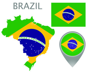 Colorful flag, map pointer and map of the Brazil in the colors of the brazilian flag. High detail. Vector illustration
