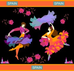 Beautiful Spanish couple dancing flamenco, isolated on black background in vector. Man with raincoat and woman with shawl in the form of flying bird. Luxury collection.