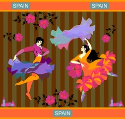 Young Spanish couple dancing flamenco. Man with raincoat and woman with shawl in the form of flying bird. Striped background. Poster, banner, postcard in vector.