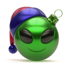Naklejka premium Emoticon alien Santa Claus Christmas ball hat smiling avatar decoration. Monster cartoon green funny. UFO New Year's Eve bauble happy face. Merry Xmas emoticon. 3d rendering