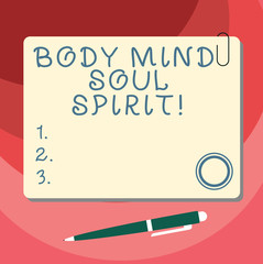 Word writing text Body Mind Soul Spirit. Business concept for Healthy lifestyle emotional balance Spiritual feelings Blank Square Color Board with Magnet Click Ballpoint Pen Pushpin and Clip