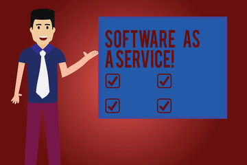 Text sign showing Software As A Service. Conceptual photo Mobile apps and technologies assistance support Man with Tie Standing Talking Presenting Blank Color Square Board photo