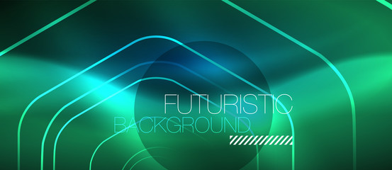 Neon glowing lines, magic energy space blue light concept, abstract background wallpaper design