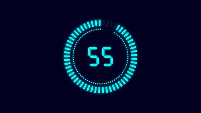 Modern glow countdown one minute animation from 60 to 0 seconds. 4K. Alpha channel. Flat design with  animation on dark background. 