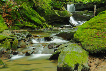 Waterfall on the Hulski stream. Bieszczady Mountais, Poland.