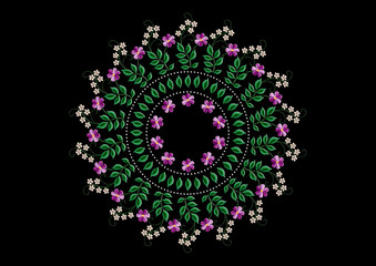 Oval embroidered  frame with twigs of delicate violets and white flowers with leaves and beaded frame on black background