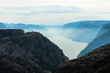 Blue misty view on Lysefjord from Preikestolen trail, Norway
