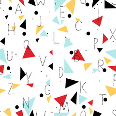 Seamless pattern - hand drawn alphabet on the background of colored triangles and dots. Vector pattern.