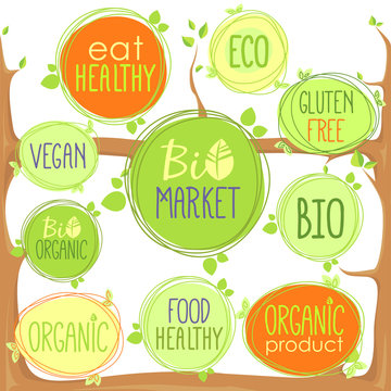 Vector bio icon set in tree branches of labels, stamps or stickers with signs - Bio market, gluten free, organic product, vegan, food healthy, eat healthy, organic, bio product, nature, Eco food