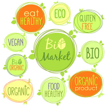 Vector bio icon set of labels, stamps or stickers with signs - Bio market, gluten free, organic product, vegan, food healthy, eat healthy, organic, bio product, nature, Eco food