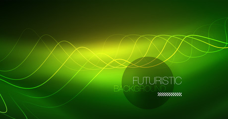 Abstract shiny glowinng color wave design element on dark background - science or technology concept