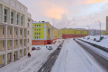 Komsomolskaya street in Norilsk city. Krasnoyarsk region, Russia.