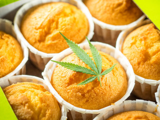 Freshly baked cinnamon mini muffins with cannabis and buds of marijuana on the table. Concept of...