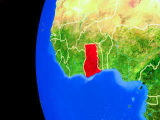 Ghana from space on realistic model of planet Earth with country borders and detailed planet surface.