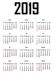 Calendar for 2019 - week starts with sunday