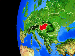 Hungary from space on realistic model of planet Earth with country borders and detailed planet surface.