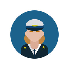 Policewoman flat icon isolated on blue background. Simple Professions sign symbol in flat style. Professions elements Vector illustration for web and mobile design.