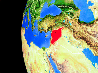 Syria from space on realistic model of planet Earth with country borders and detailed planet surface.
