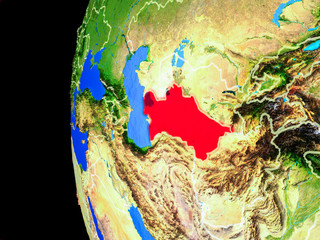 Turkmenistan from space on realistic model of planet Earth with country borders and detailed planet surface.