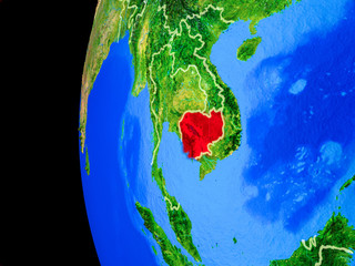 Cambodia from space on realistic model of planet Earth with country borders and detailed planet surface.