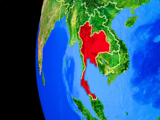 Thailand from space on realistic model of planet Earth with country borders and detailed planet surface.