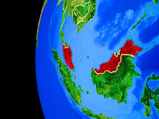 Malaysia from space on realistic model of planet Earth with country borders and detailed planet surface.