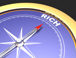 Abstract compass with needle pointing the word rich. rich concept
