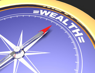 Abstract compass with needle pointing the word wealth. wealth concept