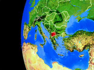 Macedonia from space on realistic model of planet Earth with country borders and detailed planet surface.