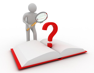 3d man, person, human and a magnifying glass and a book