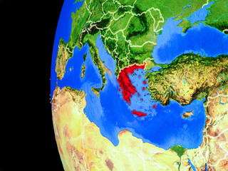 Greece from space on realistic model of planet Earth with country borders and detailed planet surface.