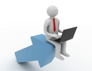 3d man with laptop sitting on the arrow. success concept